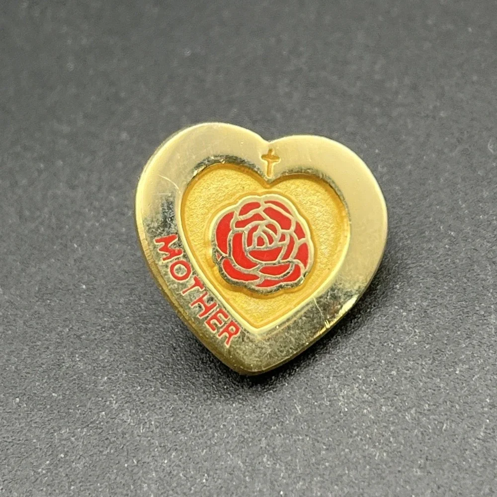 Mother Heart Red Rose Cross Gold Tone Lapel Hat Pin‎